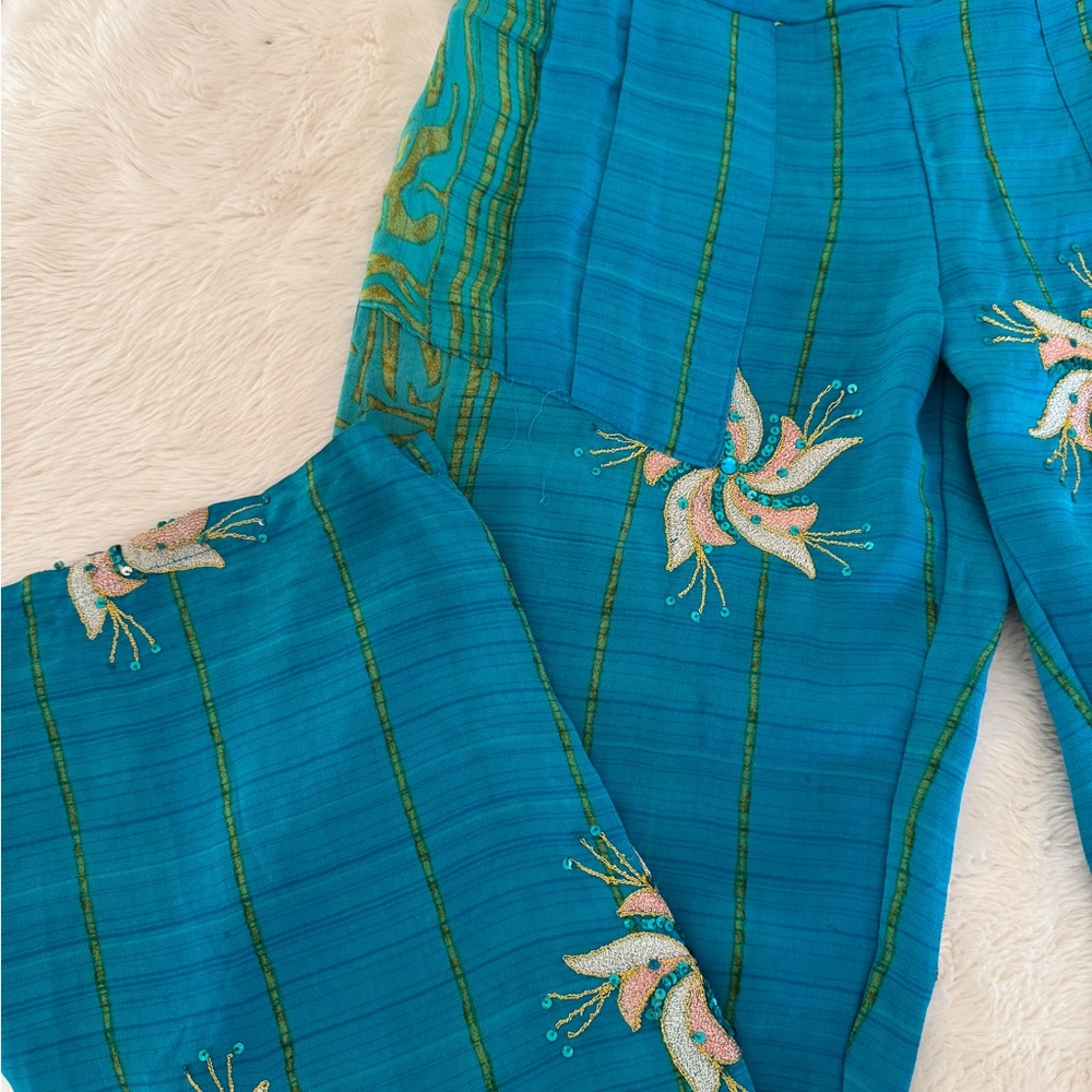 Embroidered Boho Teal Wide-Leg Pants